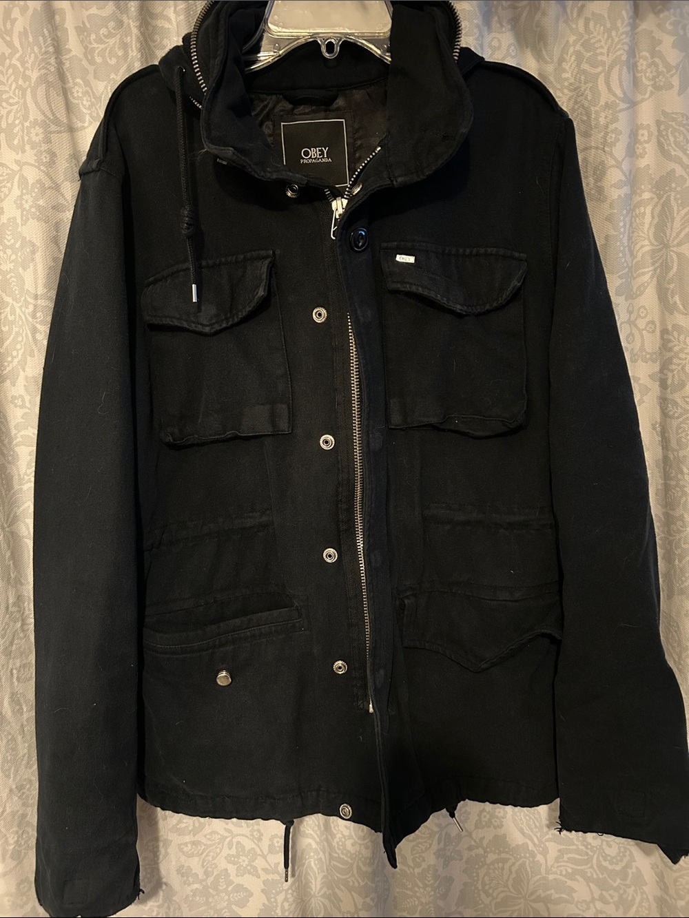 OBEY Black Hooded Military Field Jacket with Multiple Pockets